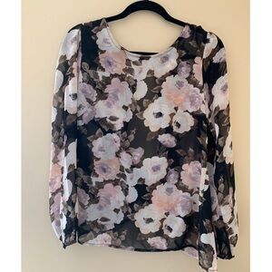 Floral Print Sheer Long Sleeve Backless Top